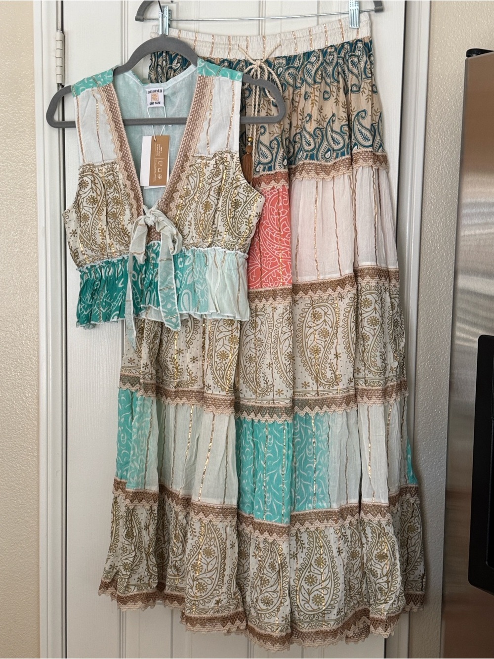 Boho Tiered Skirt Set in Teal, Coral , Cream, Tan paisley adjustable S-XL